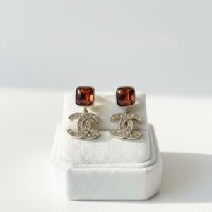 CHANELL Amber Square Stone CC Drop Earrings with Crystal-Embellished Logos